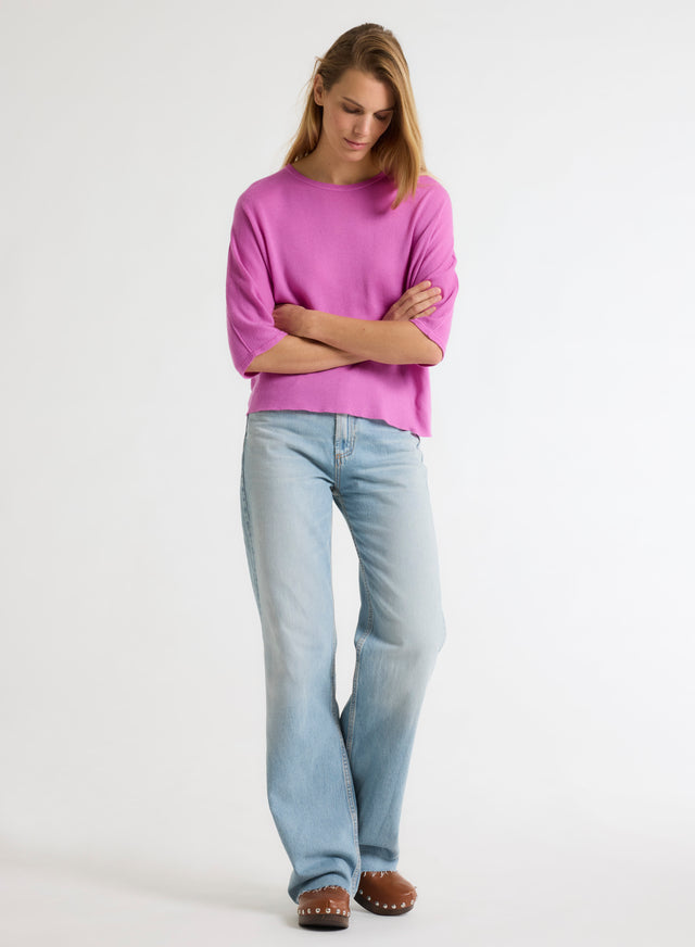 Majestic Filatures T-shirt Violet Col Rond Manches Coudes En Cachemire Cachemire