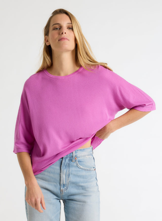 majestic filatures T-shirt Violet Col Rond Manches Coudes en Cachemire Cachemire
