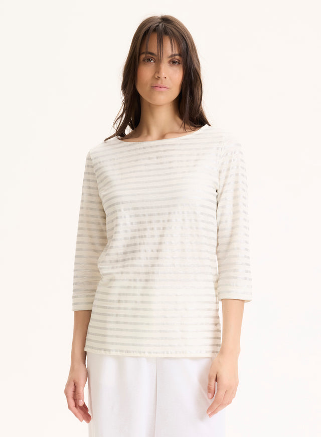 Majestic Filatures Tee Shirt Argenté Col Bateau Manches Trois Quarts En Lin / Elasthanne Lin / Elasthanne