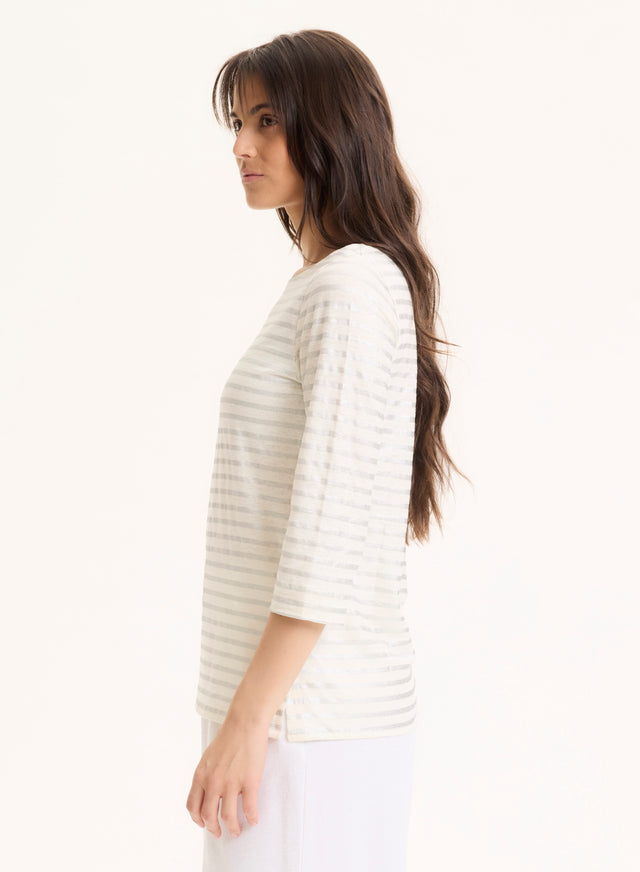 Majestic Filatures Tee Shirt Argenté Col Bateau Manches Trois Quarts En Lin / Elasthanne Lin / Elasthanne