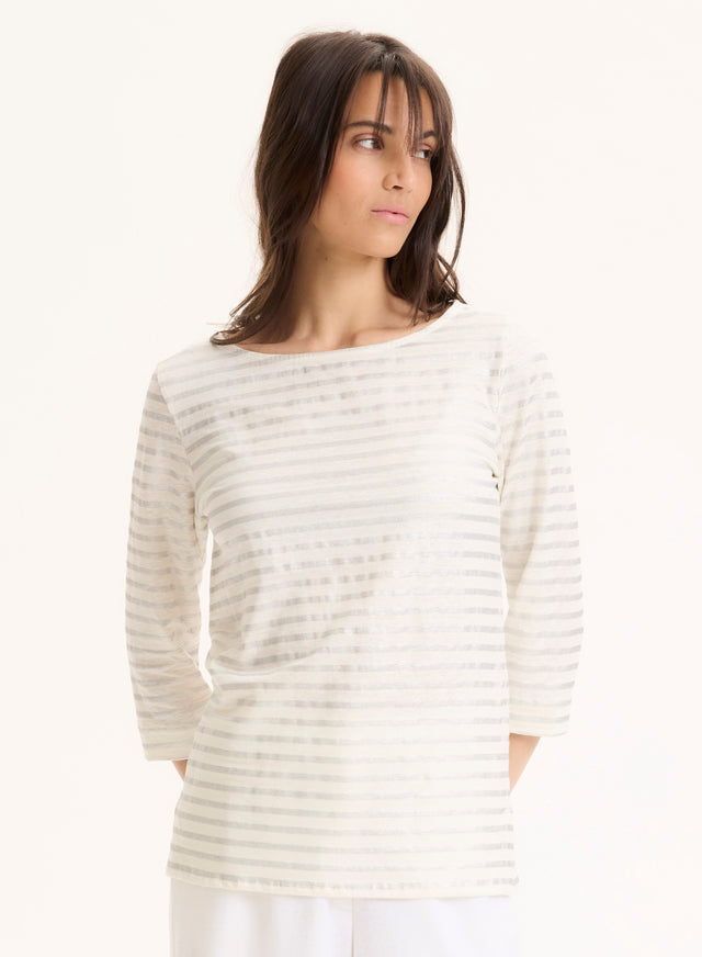 majestic filatures Tee shirt argenté Col Bateau Manches Trois quarts en Lin / Elasthanne Lin / Elasthanne