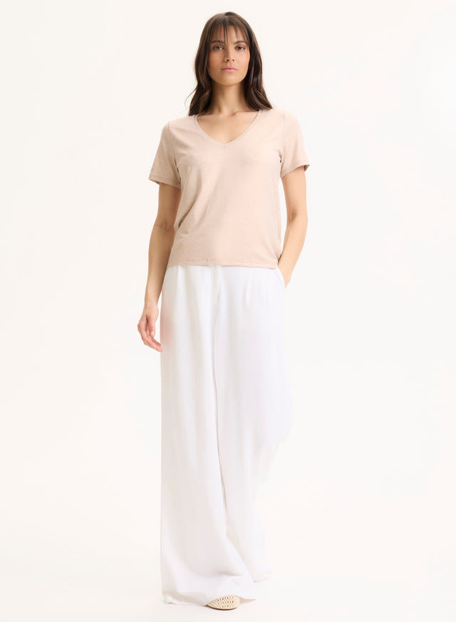 Majestic Filatures Tee Shirt Beige Col V Manches Courtes En Viscose / Élasthanne Viscose / Élasthanne