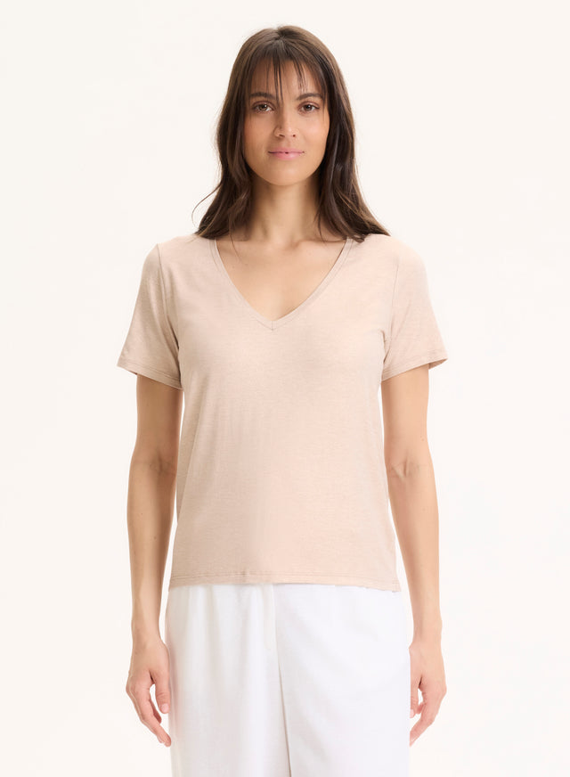 Majestic Filatures Tee Shirt Beige Col V Manches Courtes En Viscose / Élasthanne Viscose / Élasthanne