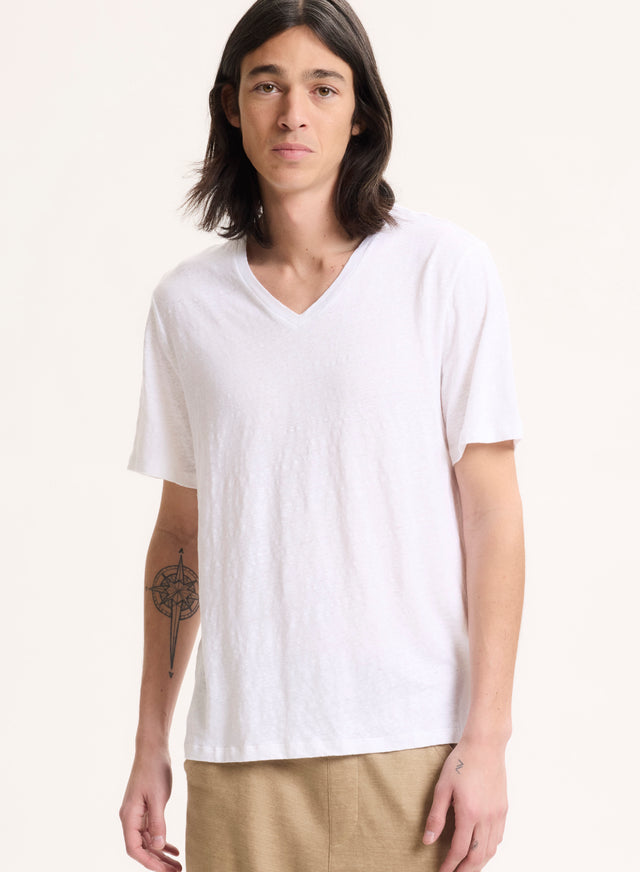 Majestic Filatures Tee Shirt Blanc Col V Manches Courtes En Lin / Elasthanne Lin / Elasthanne