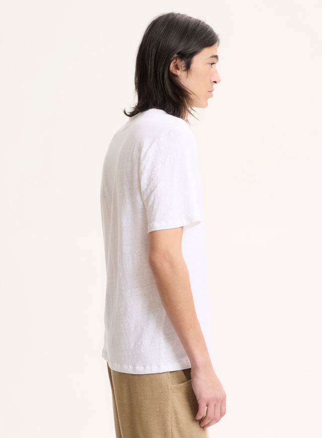 Majestic Filatures Tee Shirt Blanc Col V Manches Courtes En Lin / Elasthanne Lin / Elasthanne