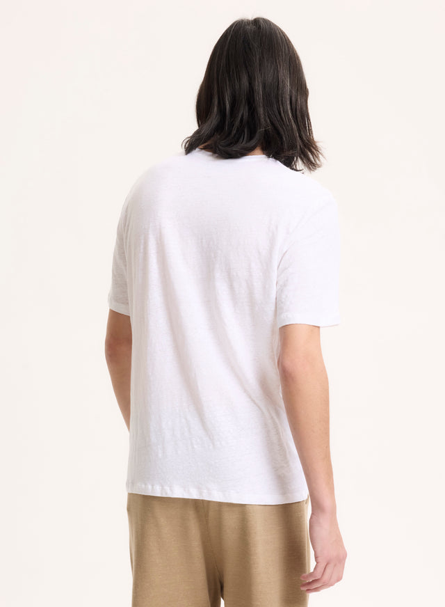 Majestic Filatures Tee Shirt Blanc Col V Manches Courtes En Lin / Elasthanne Lin / Elasthanne