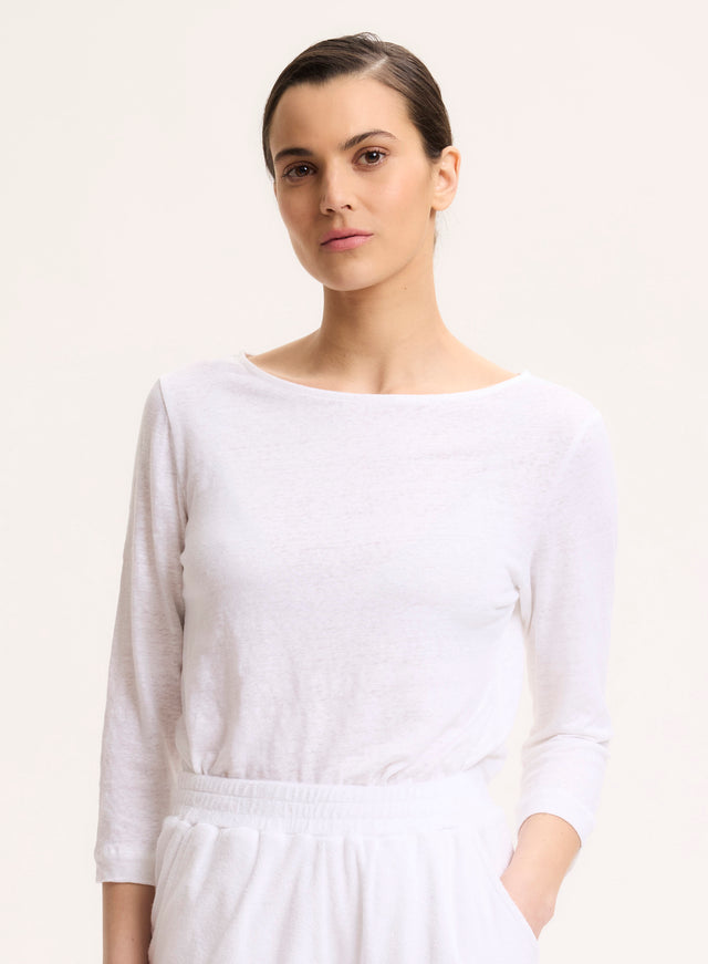 Majestic Filatures Tee Shirt Blanc Manches 3/4 Col Bateau En Lin / Elasthanne Lin / Elasthanne