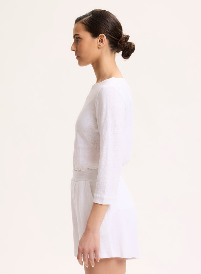 Majestic Filatures Tee Shirt Blanc Manches 3/4 Col Bateau En Lin / Elasthanne Lin / Elasthanne