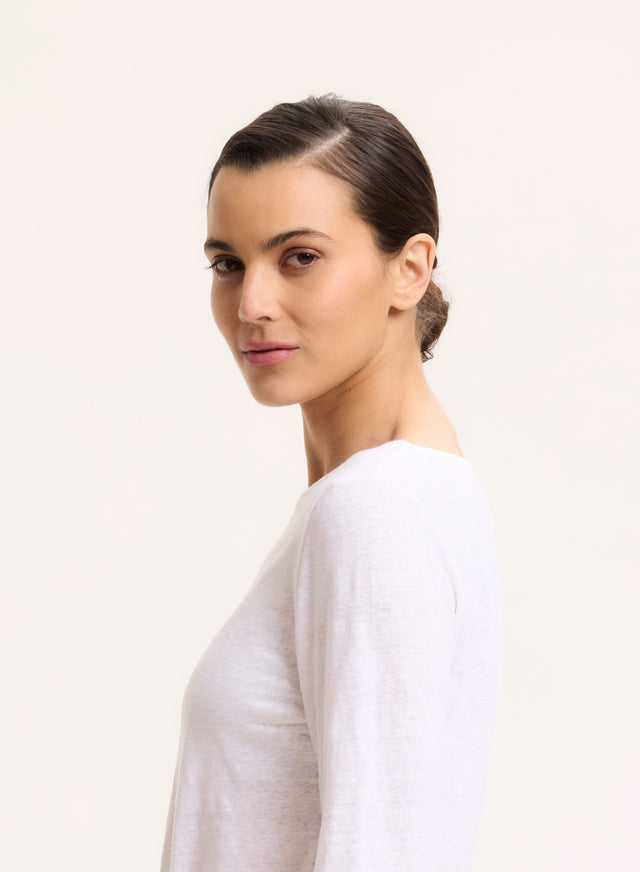 Majestic Filatures Tee Shirt Blanc Manches 3/4 Col Bateau En Lin / Elasthanne Lin / Elasthanne