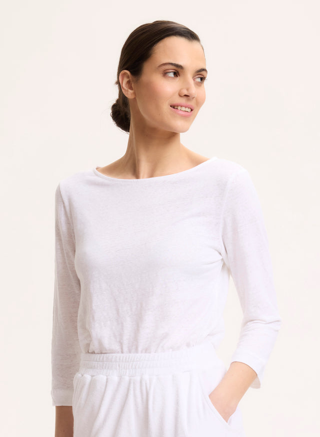 majestic filatures Tee shirt Blanc Manches 3/4 Col Bateau en Lin / Elasthanne Lin / Elasthanne