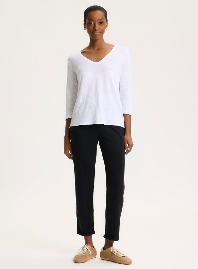 Majestic Filatures Tee Shirt Blanc Manches 3/4 Col V En Lin / Elasthanne Lin / Elasthanne