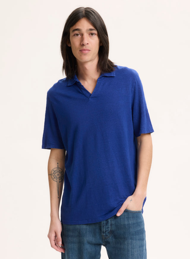 Majestic Filatures Tee Shirt Bleu Col Polo Manches Courtes En Lin / Elasthanne Lin / Elasthanne