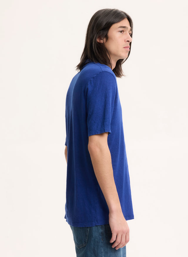 Majestic Filatures Tee Shirt Bleu Col Polo Manches Courtes En Lin / Elasthanne Lin / Elasthanne