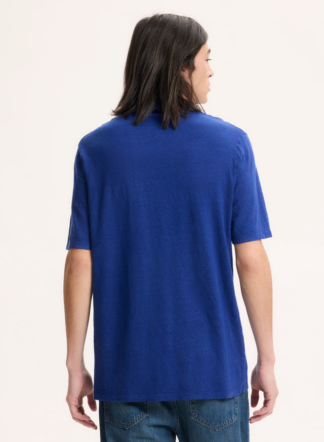 Majestic Filatures Tee Shirt Bleu Col Polo Manches Courtes En Lin / Elasthanne Lin / Elasthanne