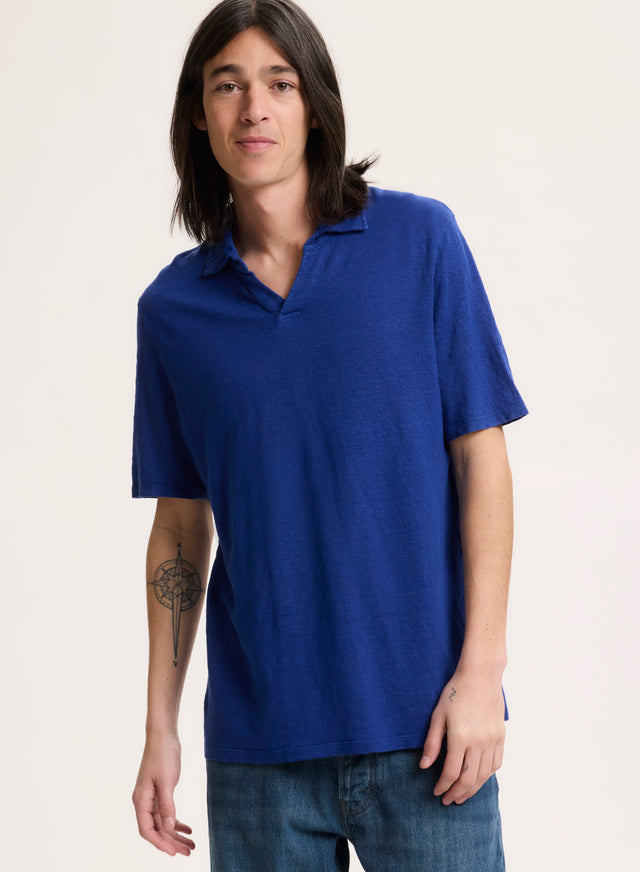majestic filatures Tee shirt Bleu Col Polo Manches Courtes en Lin / Elasthanne Lin / Elasthanne
