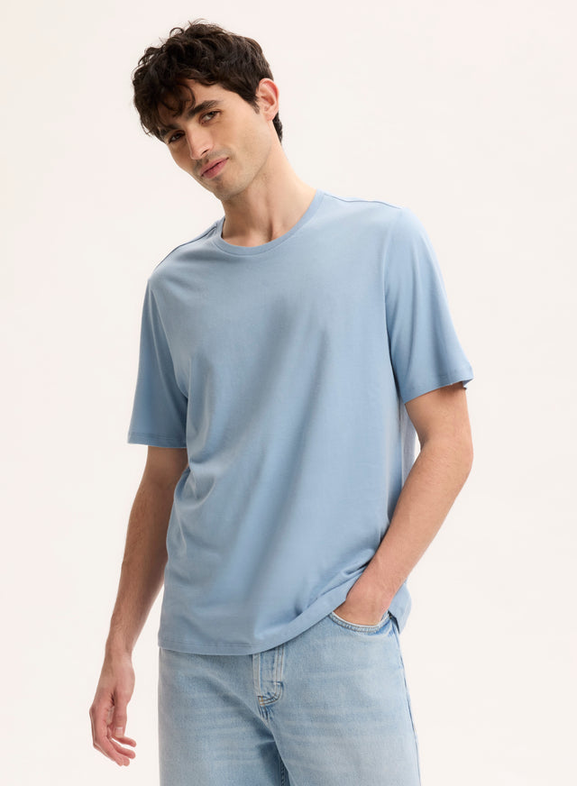Majestic Filatures Tee Shirt Bleu Col Rond Manches Courtes Coton Organique