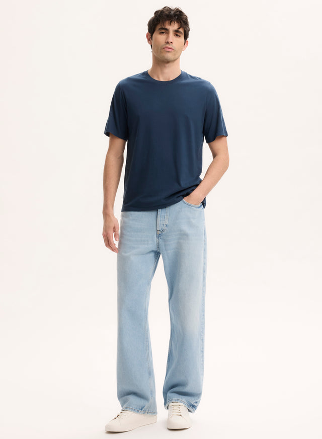 Majestic Filatures Tee Shirt Bleu Col Rond Manches Courtes En Coton Organique Coton Organique