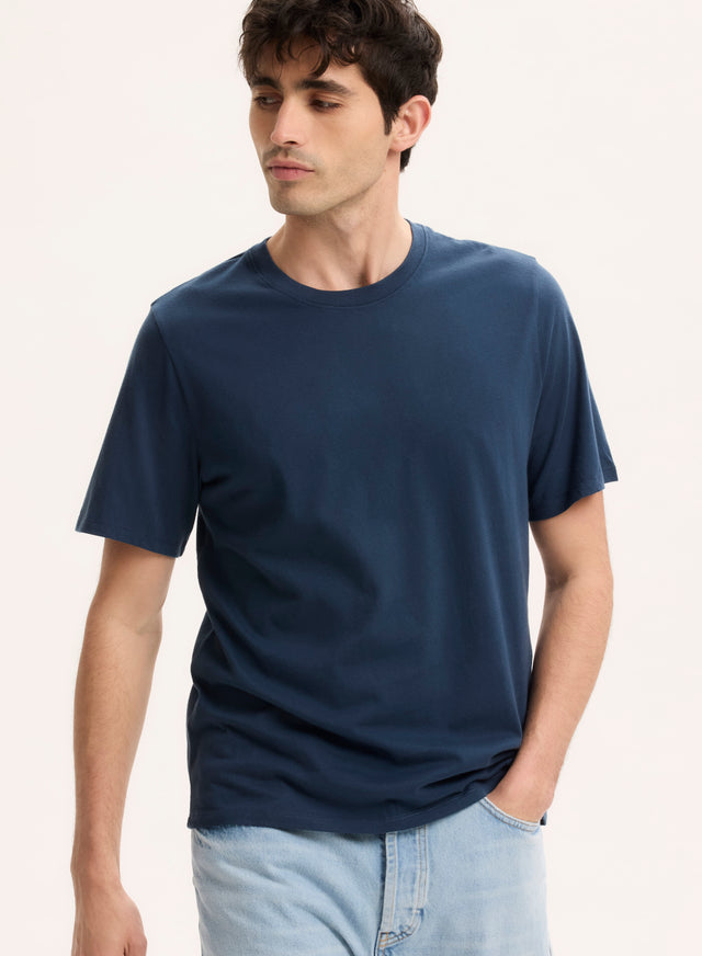 Majestic Filatures Tee Shirt Bleu Col Rond Manches Courtes En Coton Organique Coton Organique