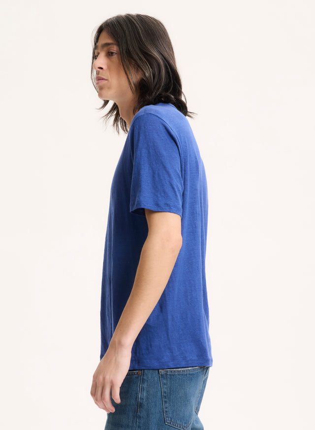 Majestic Filatures Tee Shirt Bleu Col Rond Manches Courtes En Lin / Elasthanne Lin / Elasthanne