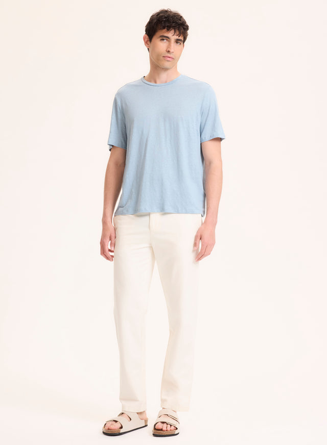 Majestic Filatures Tee Shirt Bleu Col Rond Manches Courtes En Lin / Elasthanne Lin / Elasthanne