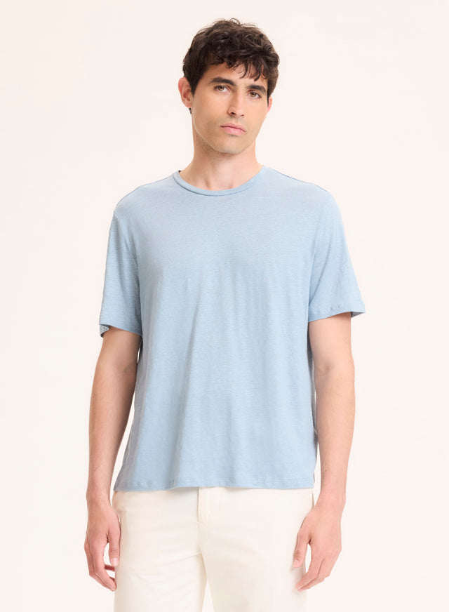 Majestic Filatures Tee Shirt Bleu Col Rond Manches Courtes En Lin / Elasthanne Lin / Elasthanne