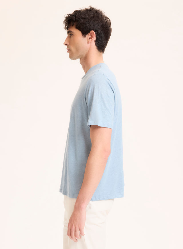 Majestic Filatures Tee Shirt Bleu Col Rond Manches Courtes En Lin / Elasthanne Lin / Elasthanne