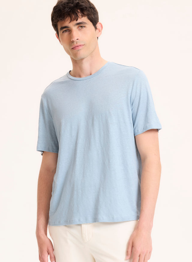 majestic filatures Tee shirt Bleu Col Rond Manches Courtes en Lin / Elasthanne Lin / Elasthanne