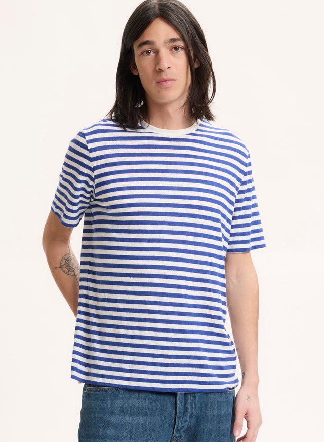 Majestic Filatures Tee Shirt Bleu Col Rond Manches Courtes En Lin / Elasthanne Lin / Elasthanne
