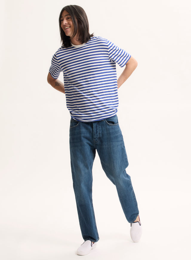 Majestic Filatures Tee Shirt Bleu Col Rond Manches Courtes En Lin / Elasthanne Lin / Elasthanne