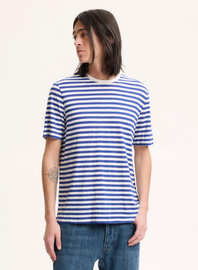 Majestic Filatures Tee Shirt Bleu Col Rond Manches Courtes En Lin / Elasthanne Lin / Elasthanne
