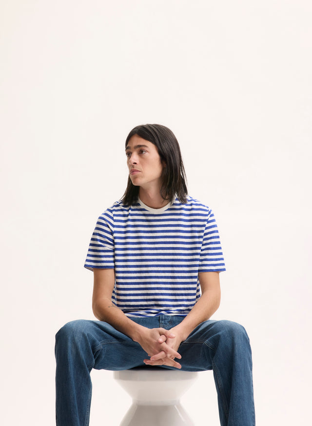 majestic filatures Tee shirt Bleu Col Rond Manches Courtes en Lin / Elasthanne Lin / Elasthanne