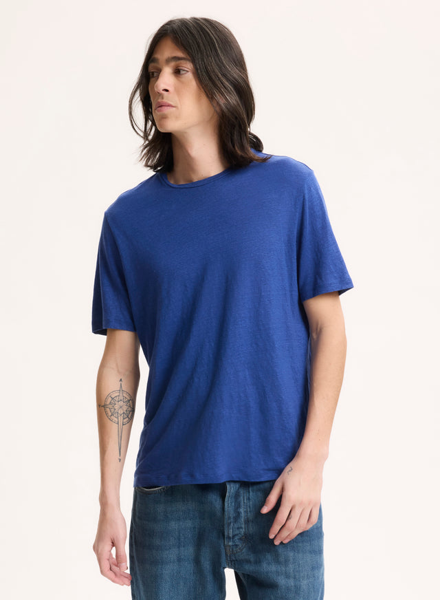 majestic filatures Tee shirt Bleu Col Rond Manches Courtes en Lin / Elasthanne Lin / Elasthanne