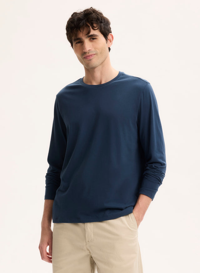 Majestic Filatures Tee Shirt Bleu Col Rond Manches Longues Coton Organique