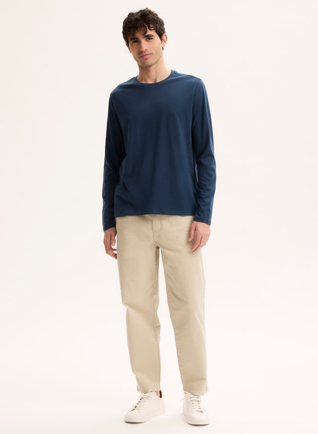 Majestic Filatures Tee Shirt Bleu Col Rond Manches Longues Coton Organique