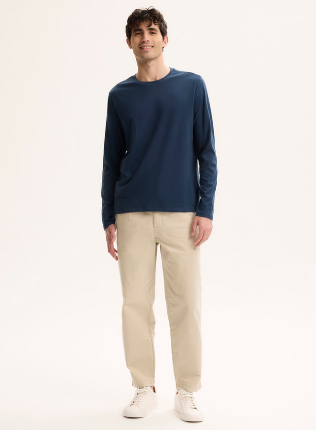 Majestic Filatures Tee Shirt Bleu Col Rond Manches Longues Coton Organique