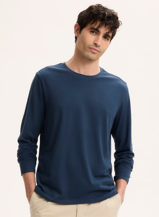 majestic filatures Tee shirt Bleu Col Rond Manches Longues Coton organique