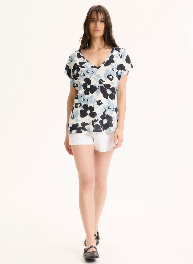 Majestic Filatures Tee Shirt Bleu Col V Manches Courtes En Coton Organique / Lin Coton Organique / Lin