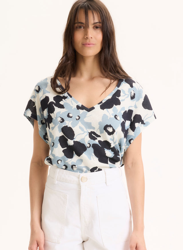 Majestic Filatures Tee Shirt Bleu Col V Manches Courtes En Coton Organique / Lin Coton Organique / Lin
