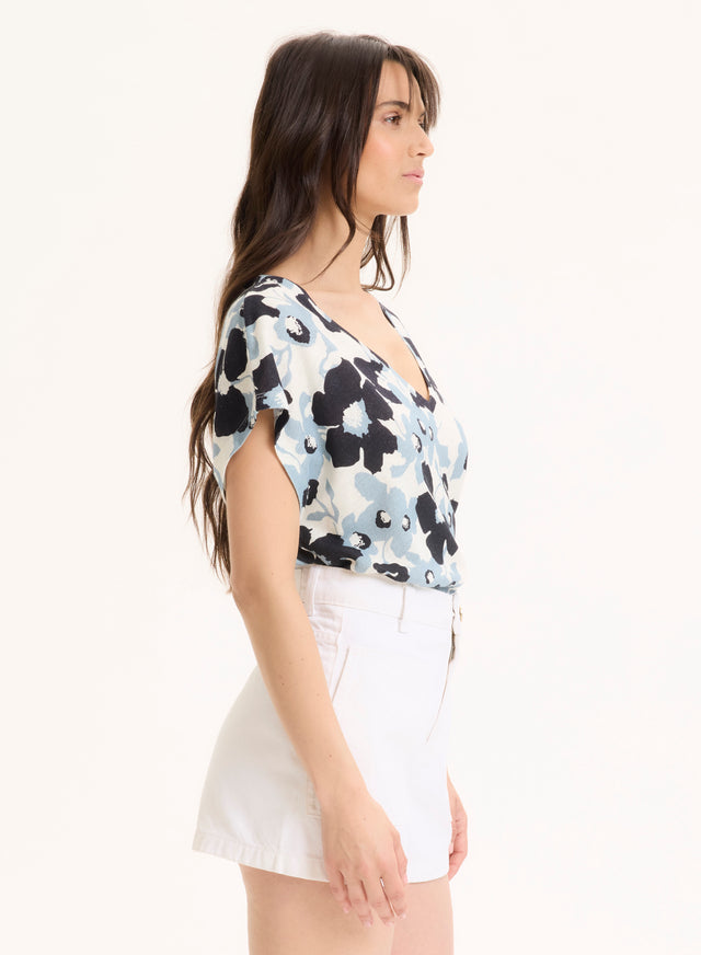 Majestic Filatures Tee Shirt Bleu Col V Manches Courtes En Coton Organique / Lin Coton Organique / Lin