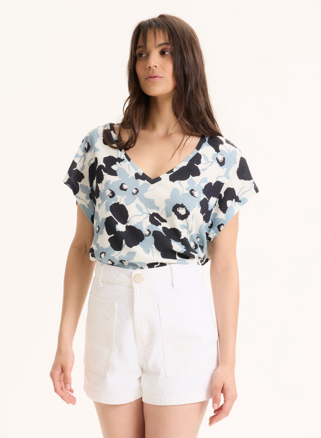 majestic filatures Tee shirt Bleu Col V Manches Courtes en Coton organique / Lin Coton organique / Lin