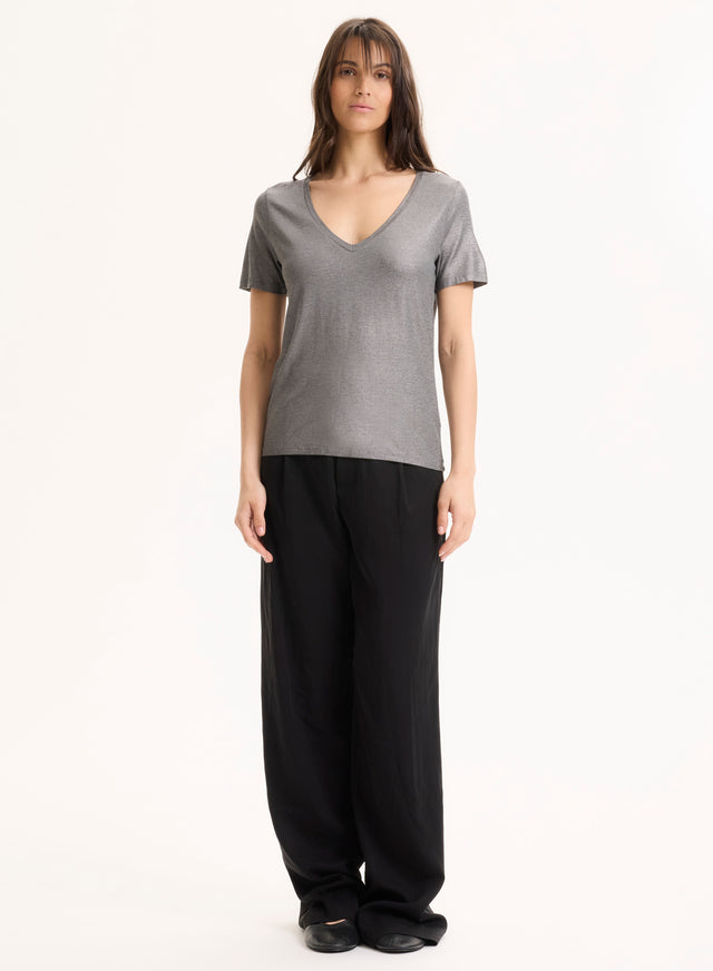 Majestic Filatures Tee Shirt Gris Col V Manches Courtes En Viscose / Élasthanne Viscose / Élasthanne