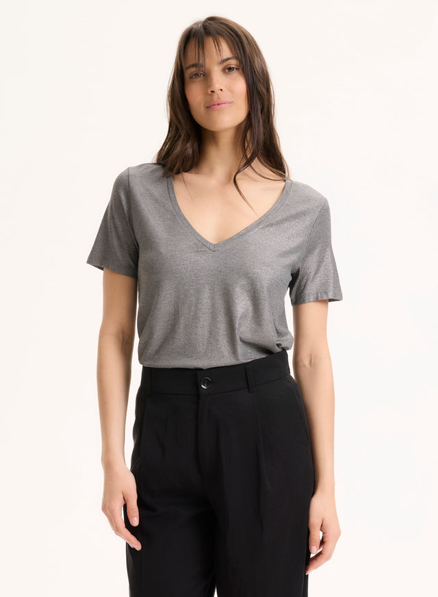 Majestic Filatures Tee Shirt Gris Col V Manches Courtes En Viscose / Élasthanne Viscose / Élasthanne