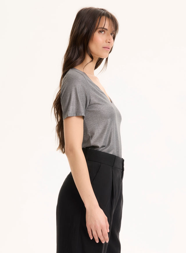 Majestic Filatures Tee Shirt Gris Col V Manches Courtes En Viscose / Élasthanne Viscose / Élasthanne