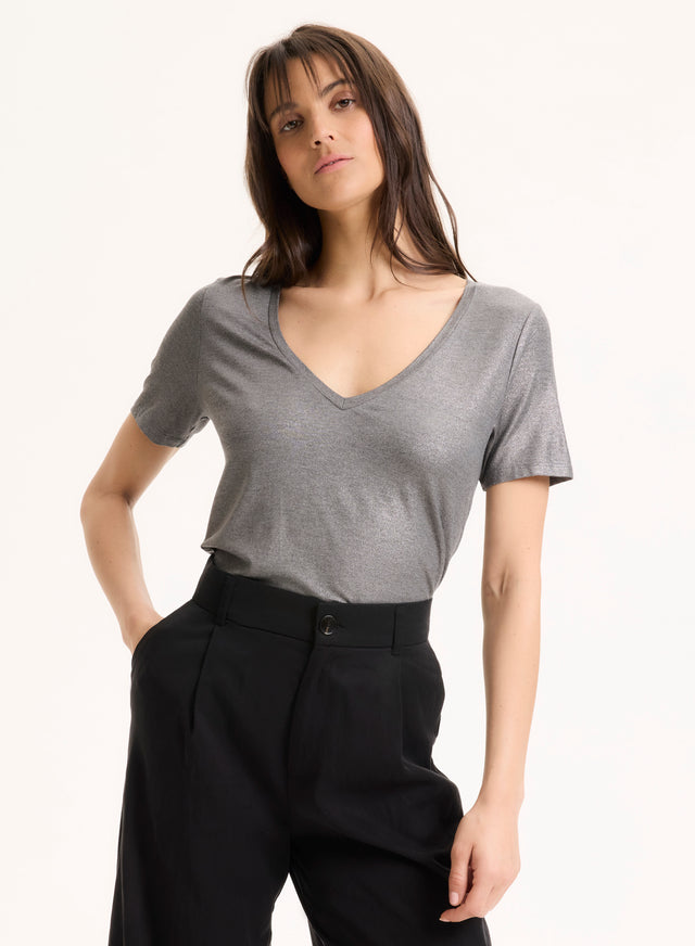 majestic filatures Tee shirt Gris Col V Manches Courtes en Viscose / Élasthanne Viscose / Élasthanne