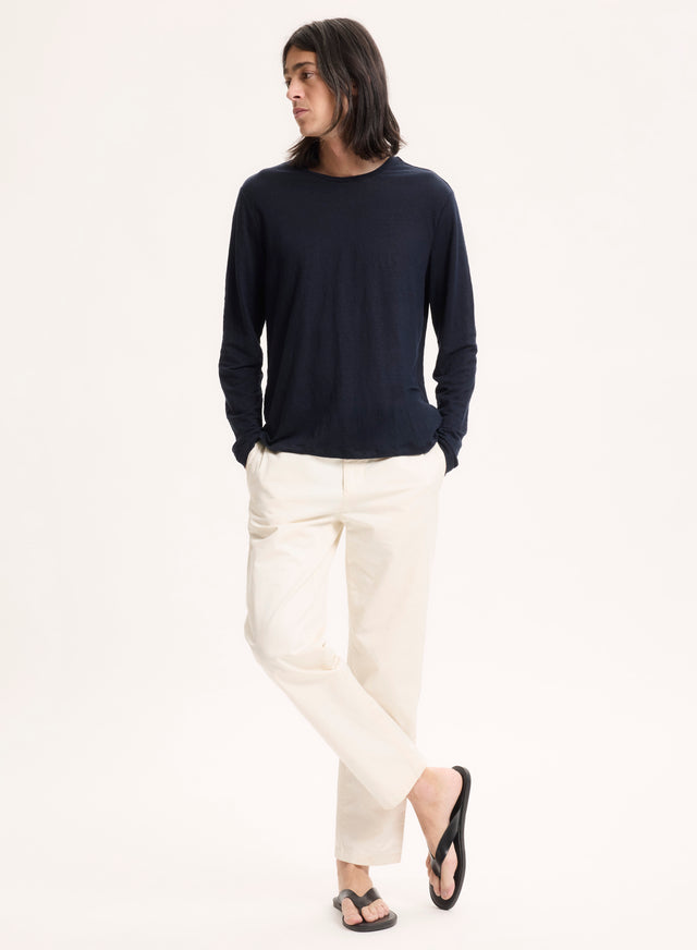 Majestic Filatures Tee Shirt Marine Col Rond Manches Longues Lin / Elasthanne