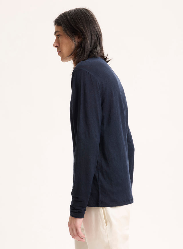 Majestic Filatures Tee Shirt Marine Col Rond Manches Longues Lin / Elasthanne