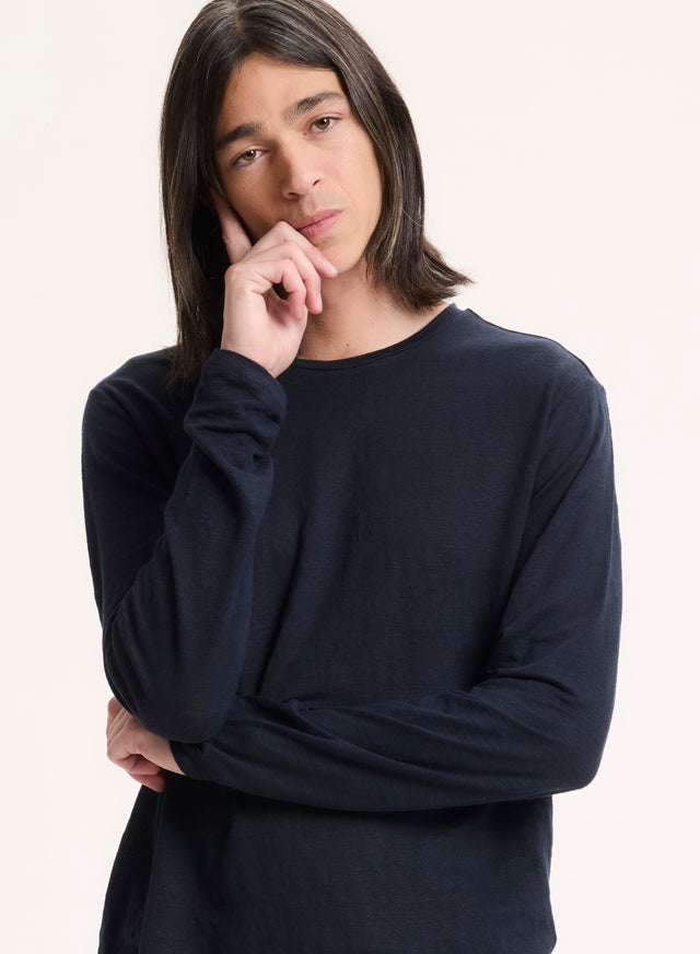 majestic filatures Tee shirt Marine Col Rond Manches Longues Lin / Elasthanne
