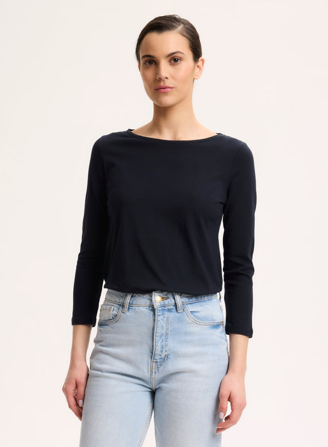 Majestic Filatures Tee Shirt Marine Manches 3/4 Col Bateau En Coton Organique Coton Organique