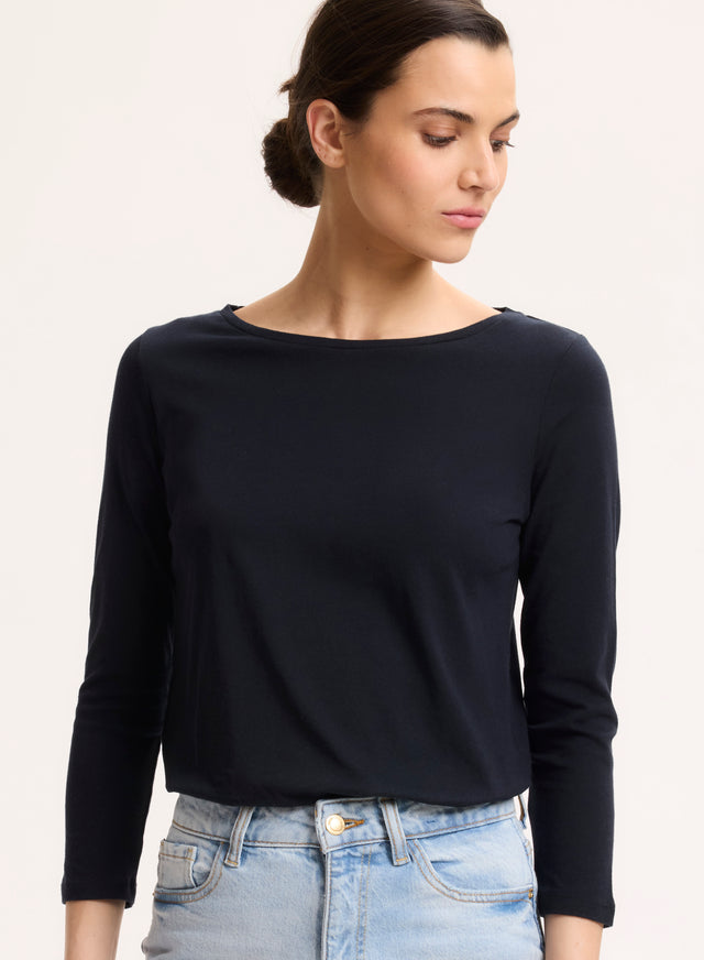 majestic filatures Tee shirt Marine Manches 3/4 Col Bateau en Coton organique Coton organique