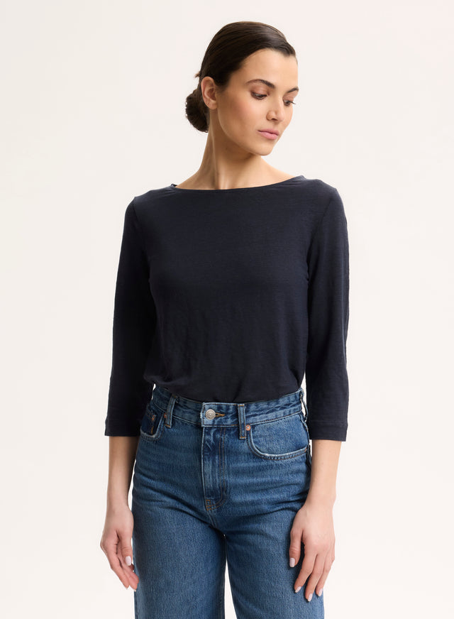 Majestic Filatures Tee Shirt Marine Manches 3/4 Col Bateau En Lin Lin / Elasthanne